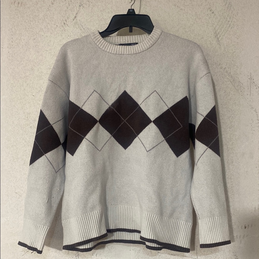 Dazy Men's Argyle Sweater - Cream and Brown